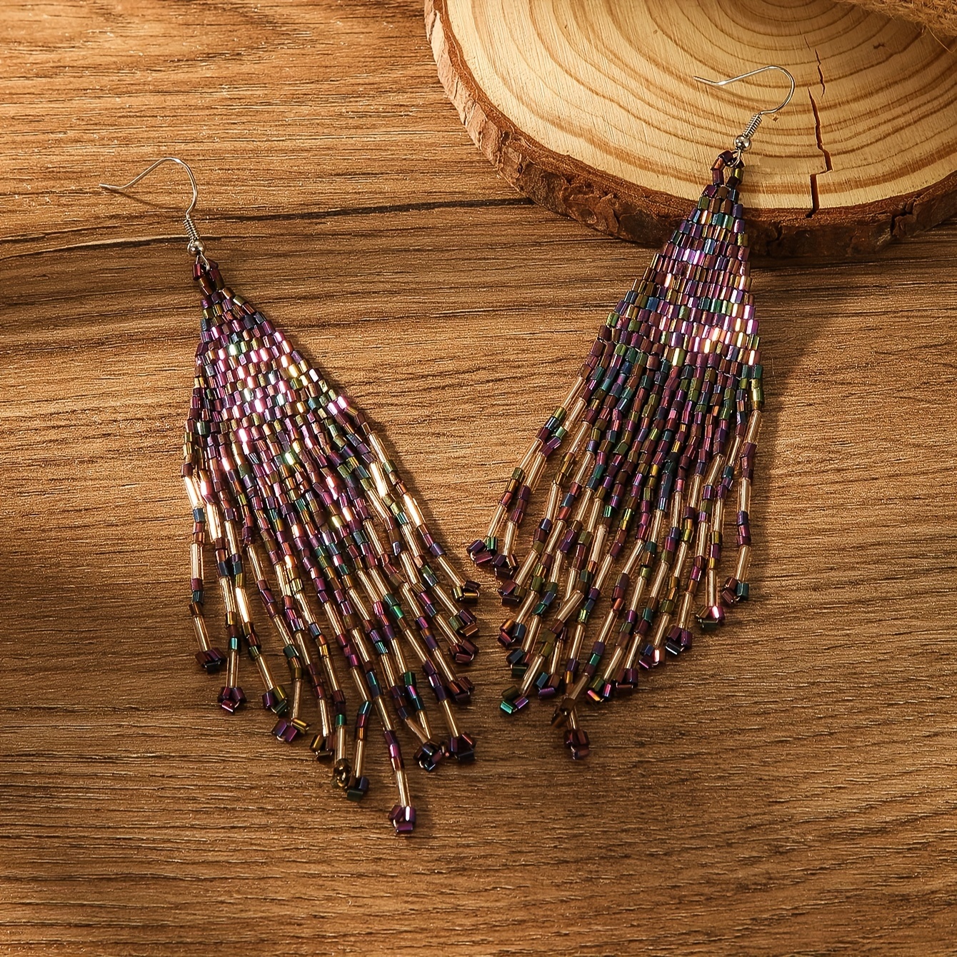 Women's Colorful Purple Tassel Beaded Earrings, Bohemian Style